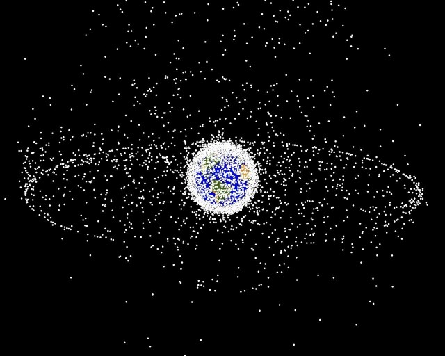 An oblique view of the Earth showing space debris